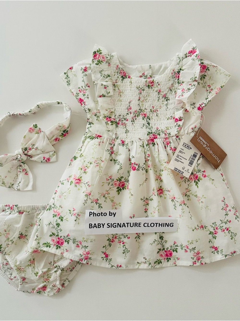 Gymboree 3-6 Months Baby Girl White Floral Smocked Dress Headband Set Organic